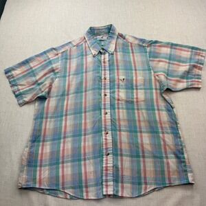 VTG Flying Scotsman Plaid Shirt Mens XL Blue Green Duck Embroidery 80s USA Made